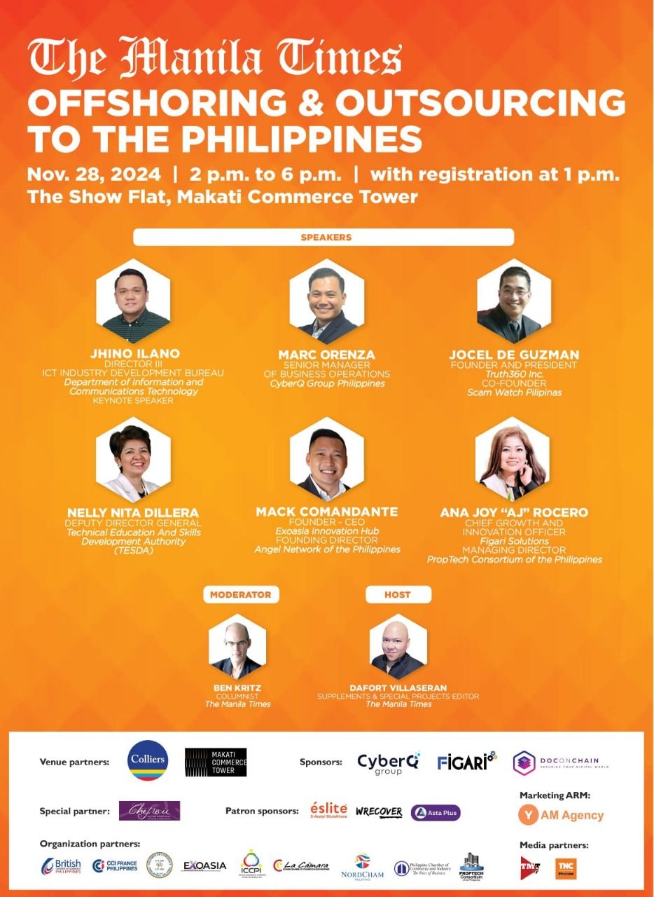 A professional event poster titled "The Manila Times Offshoring & Outsourcing to the Philippines" features headshots and names of six speakers, a moderator, and a host. The poster lists key details including the event's date, time, and location, along with logos of various venue partners, sponsors, and organization partners.
