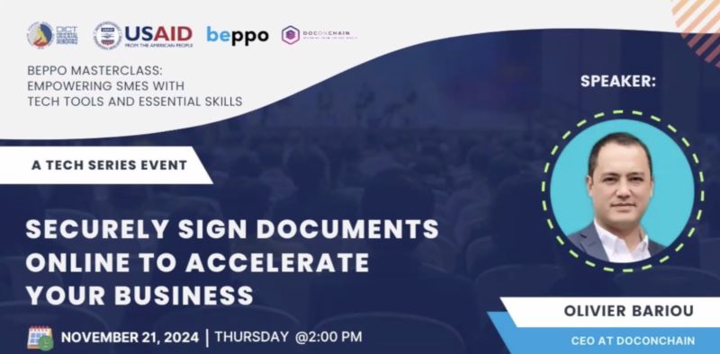 A banner for the "beppo Masterclass" event, a tech series aimed at empowering SMEs. It features a headshot of the speaker, Olivier Bariou, CEO of DOCONCHAIN, and provides the event details for Thursday, November 21, 2024, at 2:00 PM. The banner's title is "Securely Sign Documents Online to Accelerate Your Business."