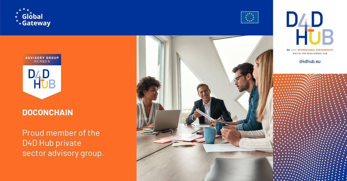 A promotional graphic announcing DOCONCHAIN as a proud member of the D4D Hub private sector advisory group. The left side has orange background with text, while the right side shows a photo of four people in a business meeting. The logos for Global Gateway, the EU, and D4D Hub are also displayed.