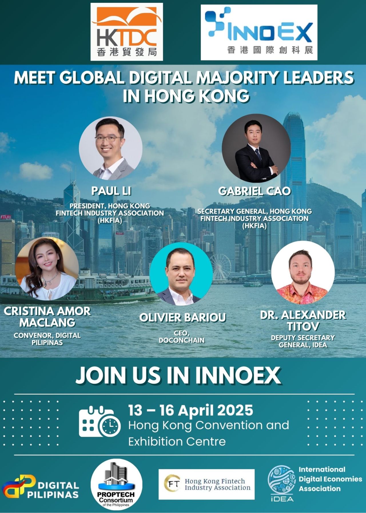 A banner promoting the InnoEX event in Hong Kong. It features headshots of five speakers, including Olivier Bariou, and lists event details for April 13-16, 2025.