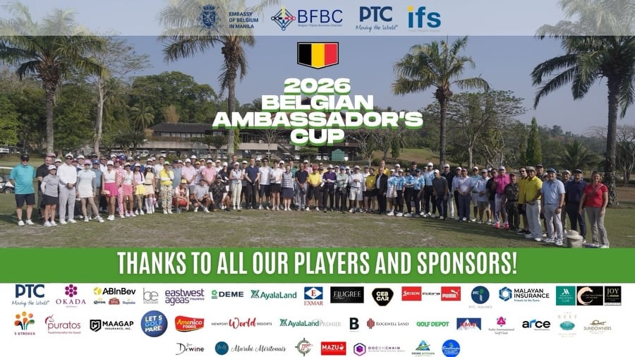 A large group of corporate sponsors, diplomats, and players posing on the green at the 2026 Belgian Ambassador's Cup
