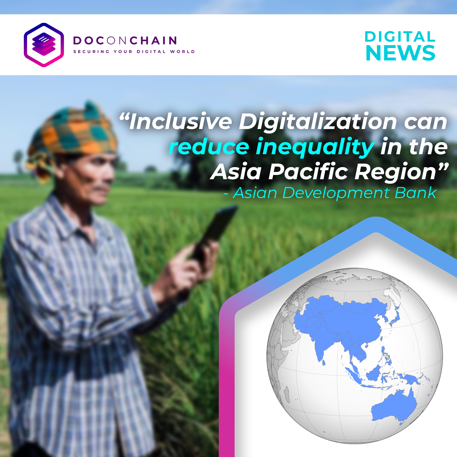A farmer using a mobile device in the middle of the farm to indicate inclusive digitalization
