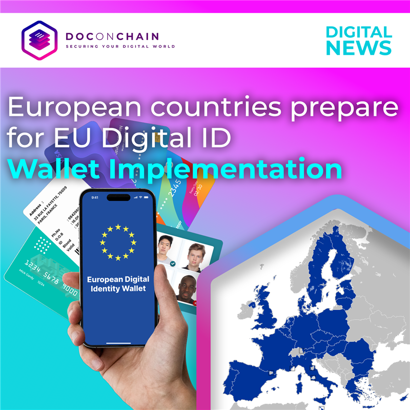 An image of hand holding a mobile device with European Digital Identity Wallet app along with some IDs in the background and a map of EU