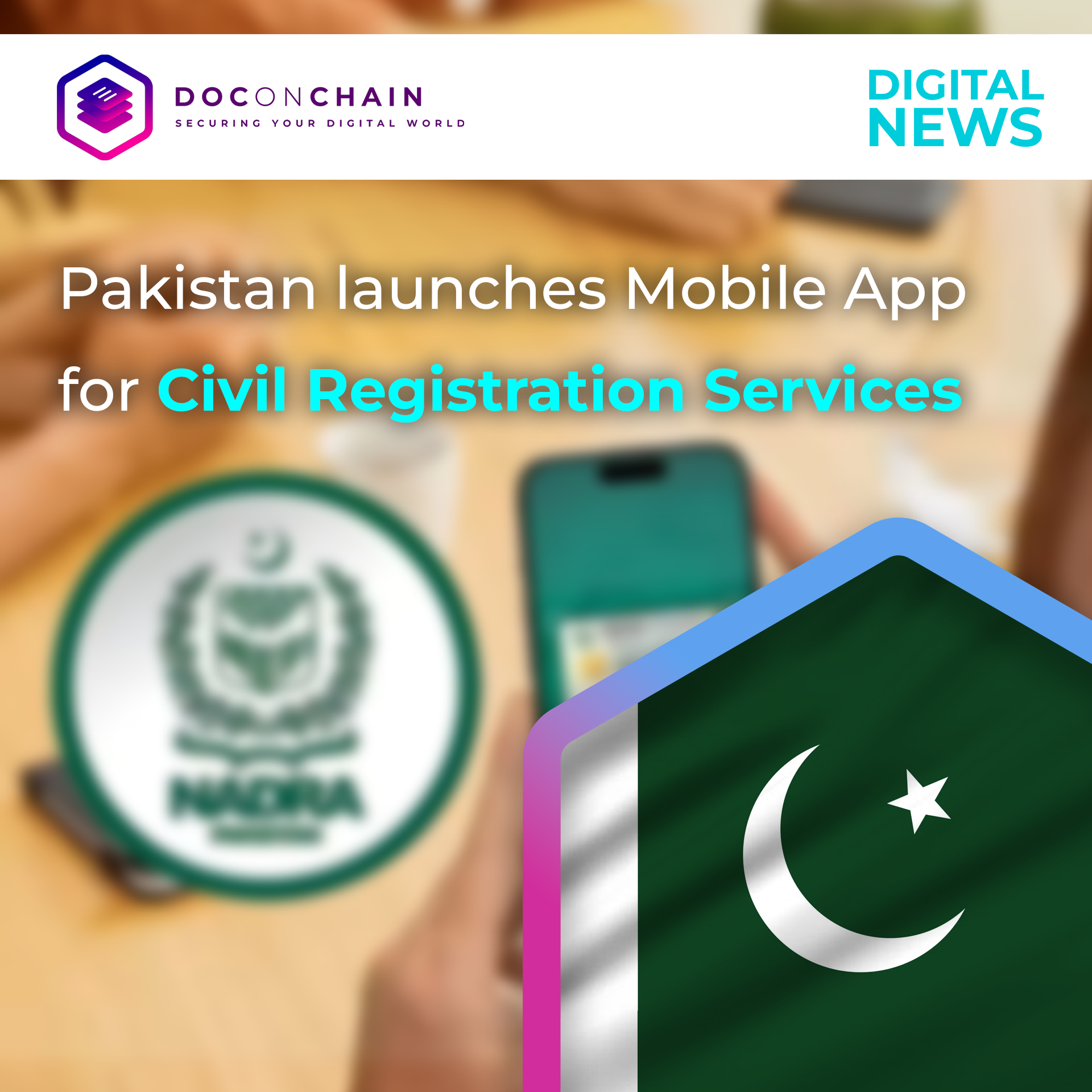 An image of a hand holding a mobile device with Pakistan's National Database and Registration Authority (NADRA) mobile app and NADRA Logo on the side