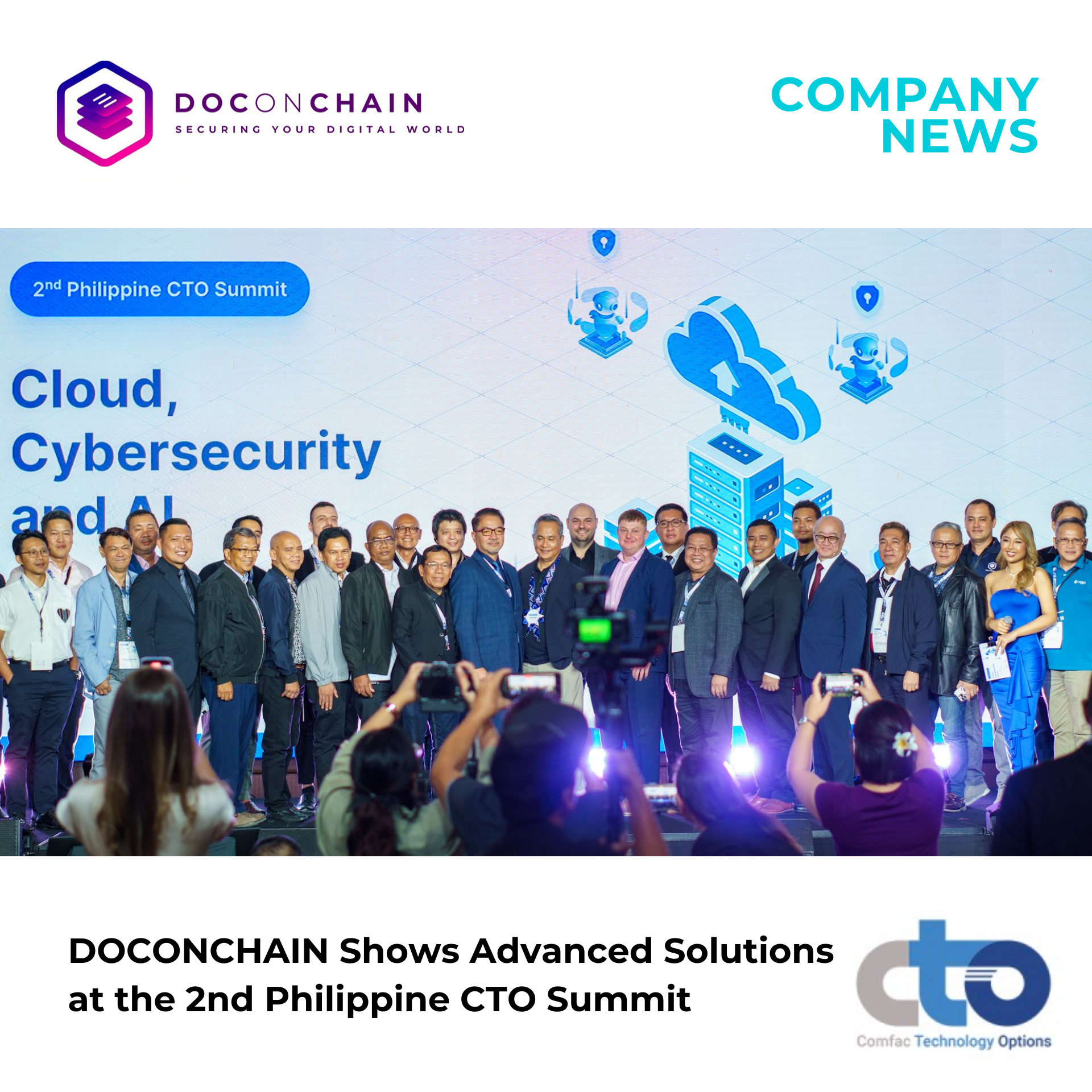 A group of attendees poses for a photo at the "2nd Philippine CTO Summit." The backdrop features the event title and a diagram of cloud, cybersecurity, and AI concepts.