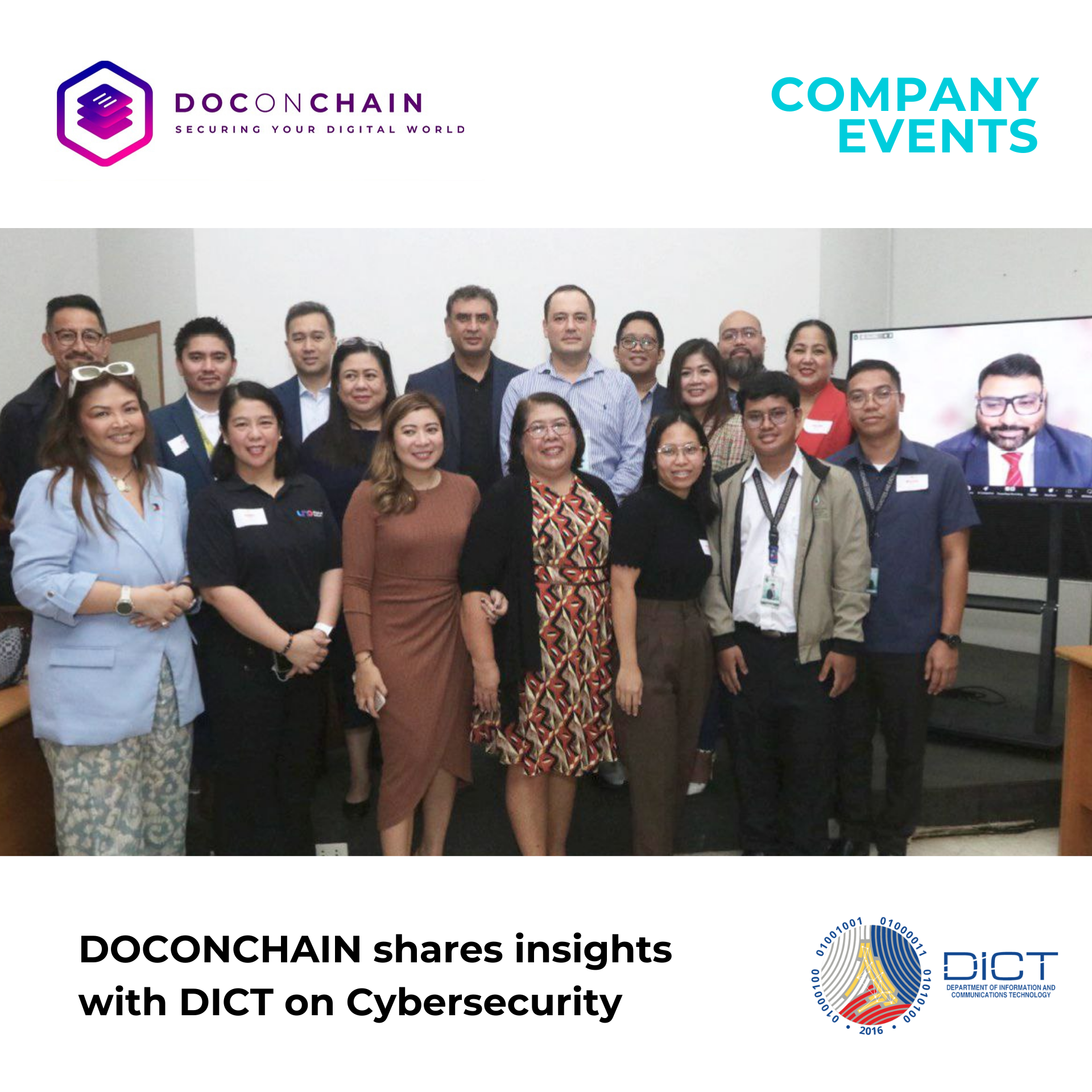 The photo includes the DICT Cybersecurity Month 2023 Week 3 Event Panel, which features Amor Maclang, Convenor, Digital Pilipinas (bottom left);  Aian Guanzon, Head of Business Development, Global Dominion Financing, Inc. (back row, 2nd from left); Manish Bhai, Founder and CEO, UNO Digital Bank (back row, 4th from left); Olivier Bariou, CEO, DocOnChain (back row, 5th from left); Ivan Dianga, Director of Sales, Collabera (back row, 6th from left); Pierre Carlo Curay, Co-Founder and CEO Insight and Supply Chain Solutions (back row, 2nd from right); and Dr. Thelma D. Villamorel, PECE OIC Chief, Digital Certificate Division, DICT (front row, middle).