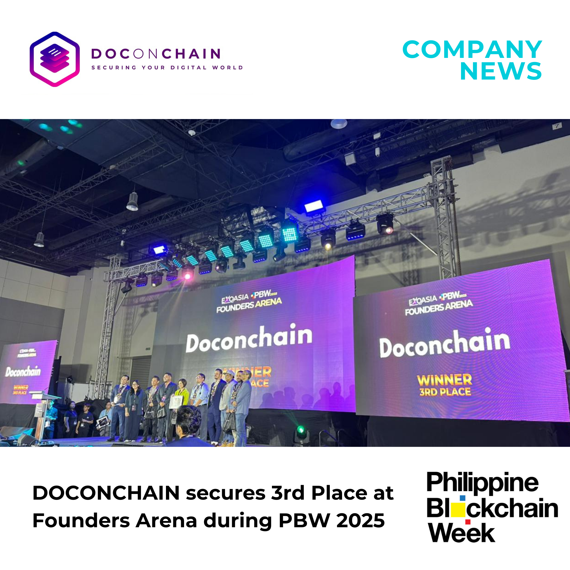  A photo shows a group of people, representing "Doconchain," receiving an award on a stage. Large screens behind them display "Doconchain" and "WINNER 3RD PLACE" at the Founders Arena during Philippine Blockchain Week 2025.