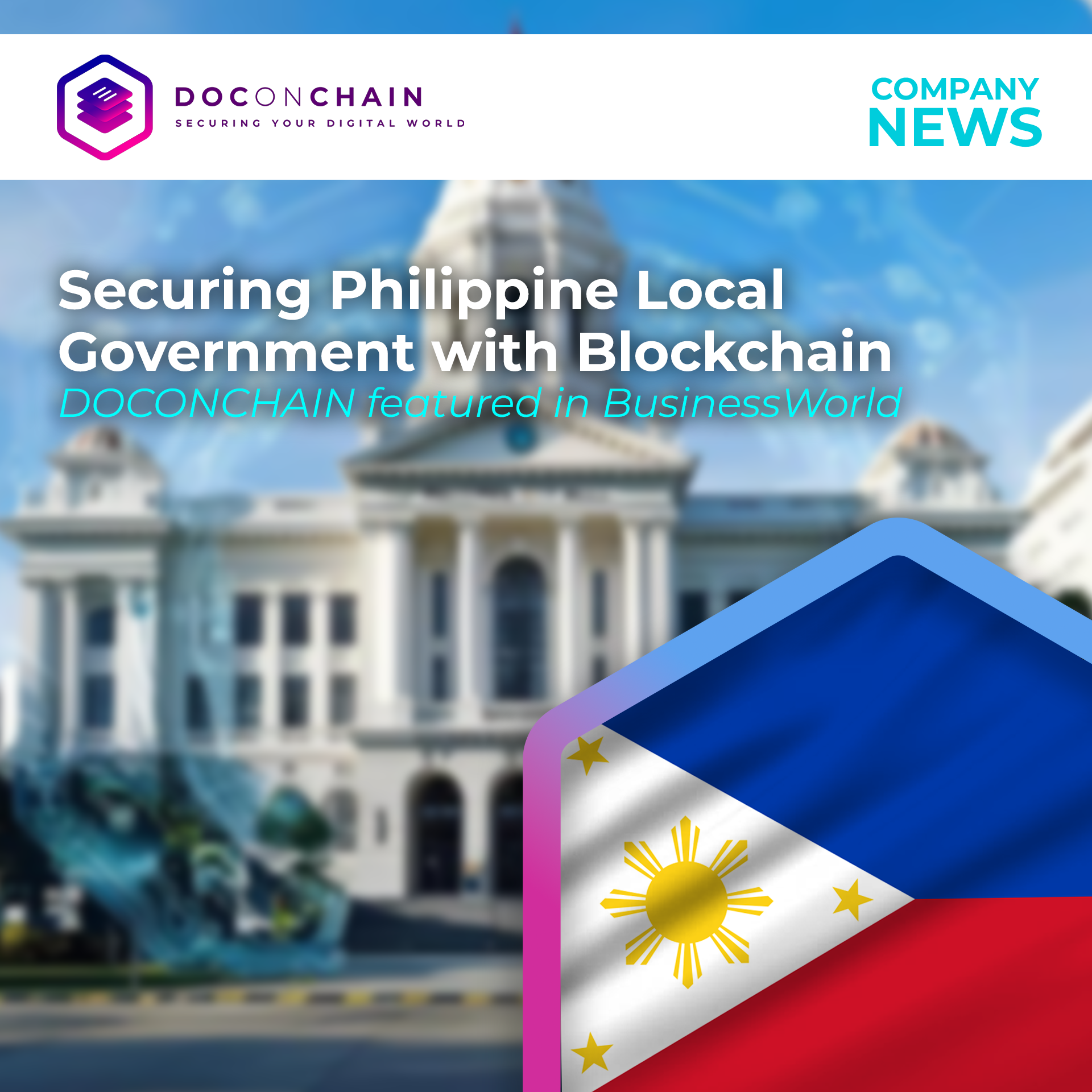  A digital news banner from DOCONCHAIN announces blockchain security for Philippine local government.