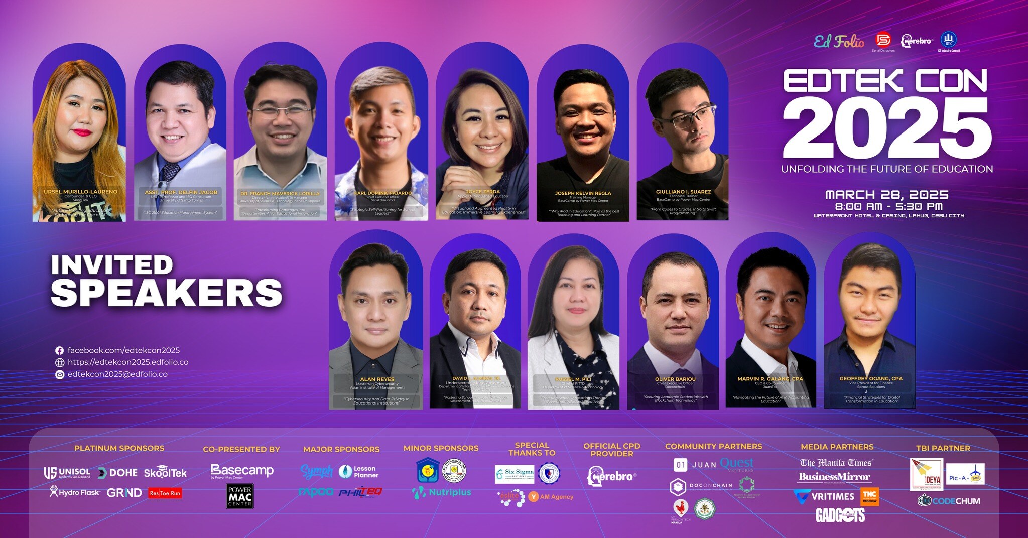 The promotional poster advertises EDTEK CON 2025, a national education and technology conference in Cebu City on March 28, 2025, showcasing invited speakers and numerous sponsors and partners.