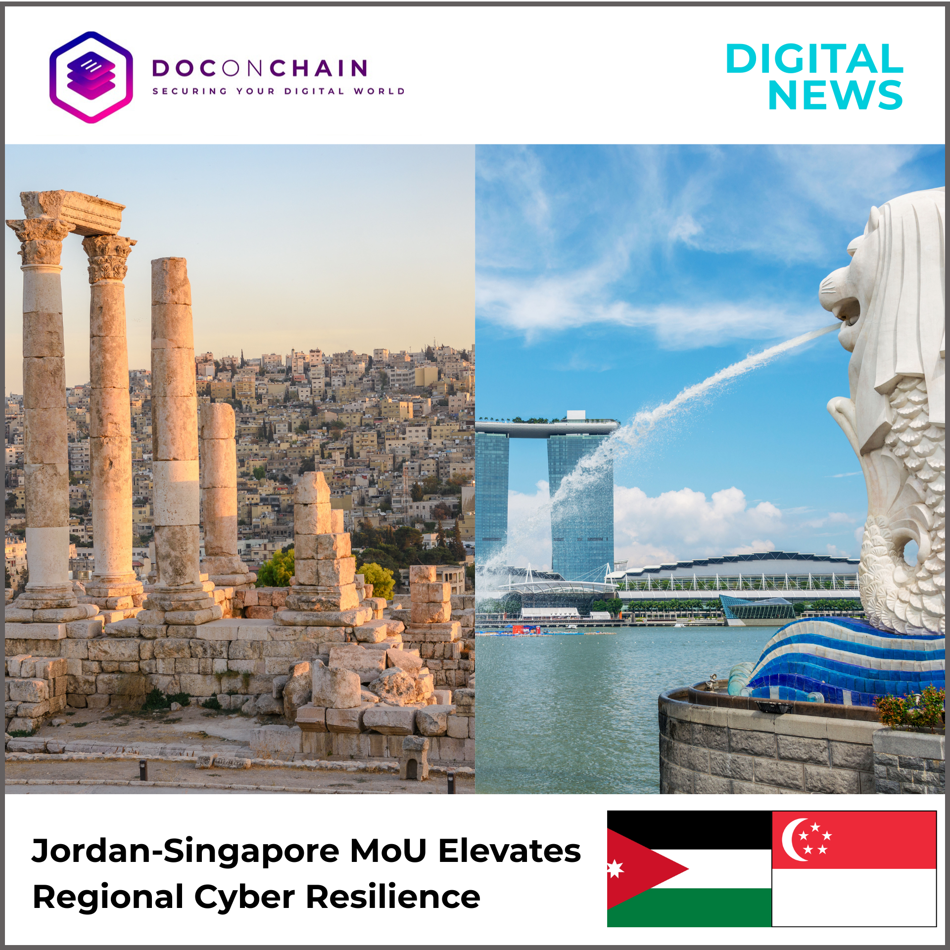This image is a split composition contrasting ancient and modern cityscapes, representing a collaboration between two nations. The left panel shows ancient Roman columns amidst modern buildings in a sunny, urban setting, in Petra, Jordan. The right panel features Singapore's contemporary skyline, including the Merlion statue and Marina Bay Sands hotel, reflecting a vibrant modern metropolis. Banners for "DOCONCHAIN SECURING YOUR DIGITAL WORLD" and "DIGITAL NEWS" overlay the image, highlighting the headline "Jordan-Singapore MoU Elevates Regional Cyber Resilience" next to the flag of Jordan.