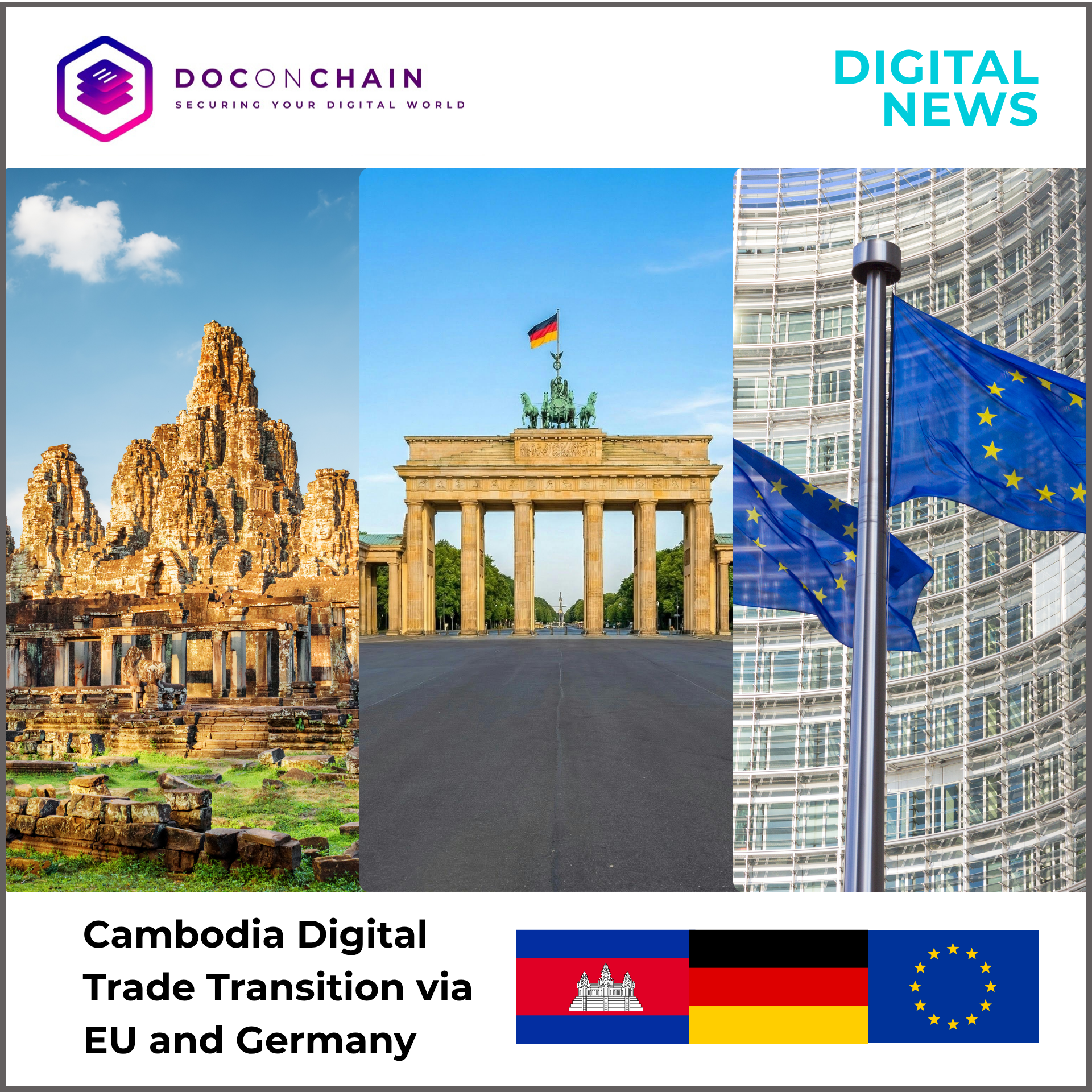 A digital news graphic displays three vertical panels representing international cooperation. On the left is the ancient Bayon Temple in Angkor Thom, Cambodia, with weathered stone towers and intricate carvings under a bright blue sky. In the center is the Brandenburg Gate in Berlin, Germany, with its neoclassical columns and a German flag flying above. On the right are European Union flags waving in front of a modern glass EU Commission building, with a headline below about Cambodia’s digital trade transition alongside the flags of Cambodia, Germany, and the EU.