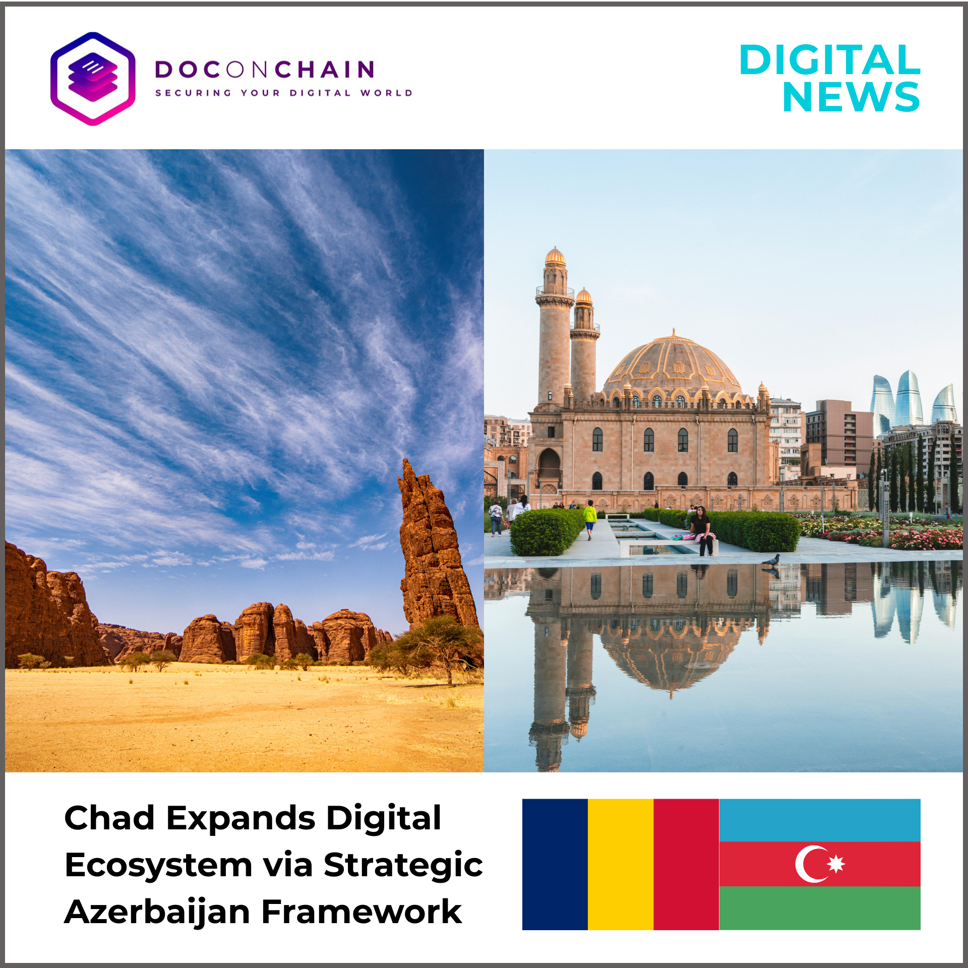 A split-image digital news banner shows two landscapes side by side: on the left, a vast sandy desert in Chad with tall red rock formations under a dramatic blue sky streaked with thin clouds; on the right, a grand historic mosque in Azerbaijan with a large domed roof and twin minarets reflected in a calm pool, set against a modern city skyline. The Doconchain logo and the label “Digital News” appear at the top. The headline reads, “Chad Expands Digital Ecosystem via Strategic Azerbaijan Framework.” The flags of Chad and Azerbaijan are displayed together in the lower-right corner.