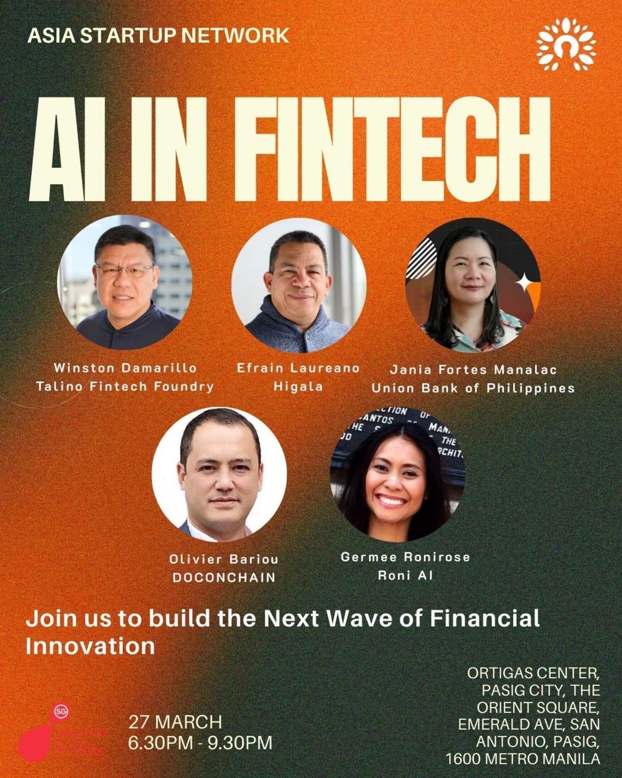 Event poster for Asia Startup Network's AI in FinTech panel on March 27 in Pasig City, featuring speakers from Talino, Higala, UnionBank, DOCONCHAIN, and Roni AI.