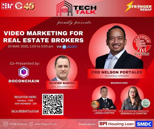 a promotional poster for a REBAP Palawan Tech Talk on "Video Marketing for Real Estate Brokers" on March 20, 2025, featuring CRB Nelson Portales as the resource speaker and co-presented by DOCONCHAIN with CEO Olivier Bariou.